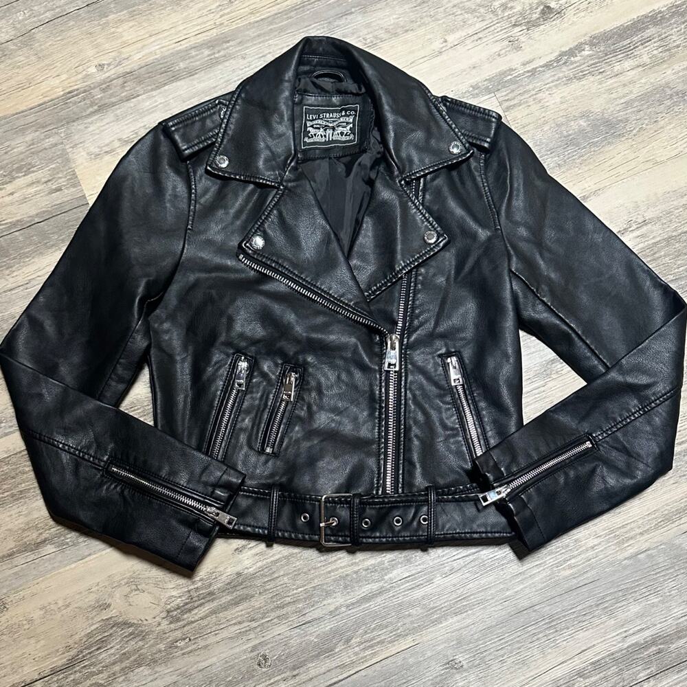 Levi’s Faux Leather Jacket Motorcycle Black Vegan Biker Zip Snap Belt Women's XS